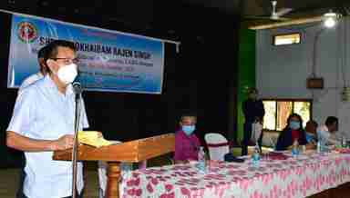 Education Minister Rajen Rajen at his reception programme at Kakching Khunou College, Manipur
