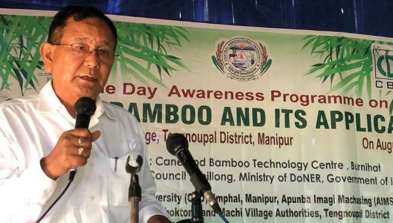 RK Ranjan speaking at the ‘One-day awareness programme on cane and bamboo and its application’ at Nongkam Satang Village, Tengnoupal district (PHOTO: IFP,)