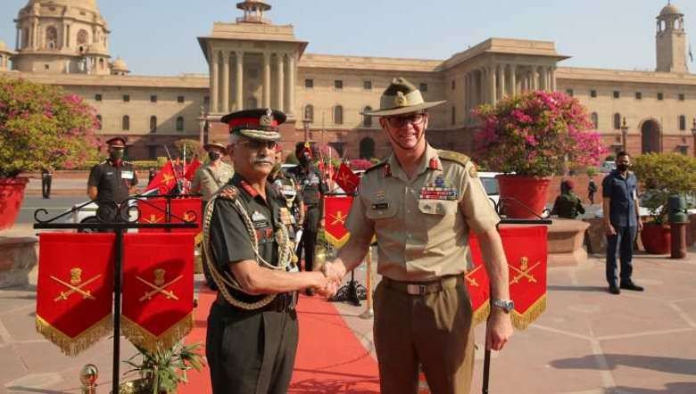 Indian Chief of Army Staff, General Manoj Mukund Naravane greets Australian Army Chief, Lt Gen Richard Maxwell Burr during his visit in India.