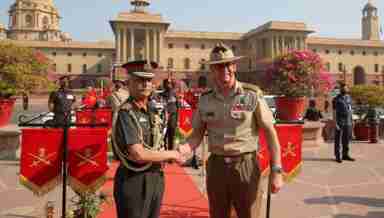 Indian Chief of Army Staff, General Manoj Mukund Naravane greets Australian Army Chief, Lt Gen Richard Maxwell Burr during his visit in India.