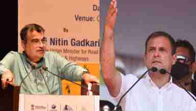 BJP Union minister Nitin Gadkari (L) and Congress leader Rahul Gandhi (R)