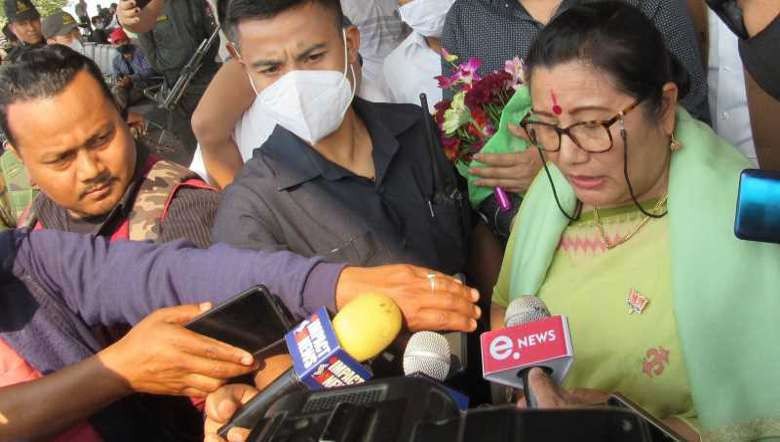 Manipur BJP president A Sharda Devi (R) speaking to reporters at Imphal airport on March 17, 2022 (PHOTO: IFP)