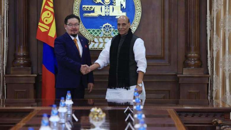 Defence Minister Rajnath Singh meeting with chairman of State Great Khural of Mongolia G Zandanshatar, in Ulaanbaatar, Mongolia