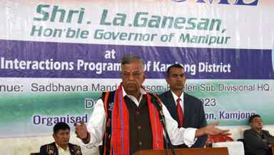 Manipur Governor La Ganesan intetracts with people during his visit to Kasom Khullen, Kamjong district on February 9, 2023