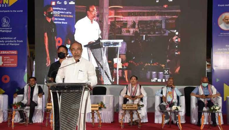 CM Biren delivering his speech at the closing ceremony of Mai-Own 2021 exhibition in Imphal, Manipur