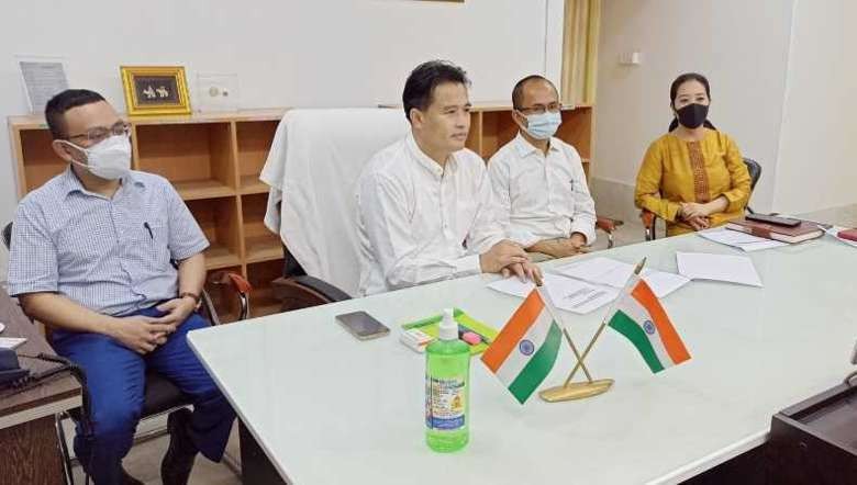 Textiles, Commerce and Industry Minister Thongam Biswajit and other state officials during a virtual conference with Yazaki India Pvt Ltd on July 29, 2021