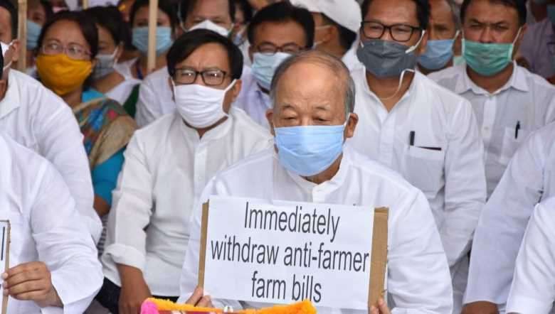 MPCC leaders hold sit-in protest against farm bills in Imphal on October 2, 2020
