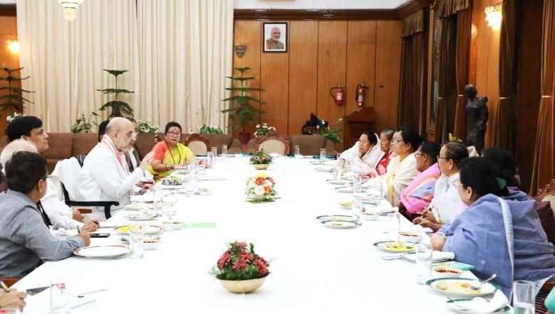 Union Home Minister Amit Shah interacts with members of Meira Pabis in Imphal on May 30, 2023