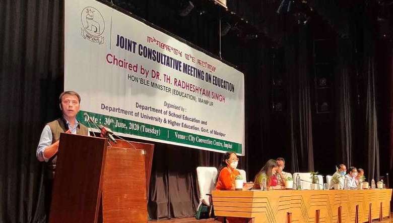 Education Minister Th Radheshyam addressing Joint Consultative Meeting on Education in Imphal on June 30, 2020