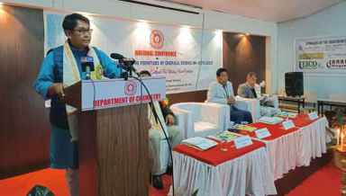 Manipur Health Minister Sapam Ranjan speaking at the inaugural function of the national conference on the ‘Emerging Challenges in the Frontiers of Chemical Science at Manipur University on March 29, 2023.