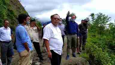 Forest Minister Awangbou Newmai inspects landslide-hit Twilang area in Manipur on July 16, 2020
