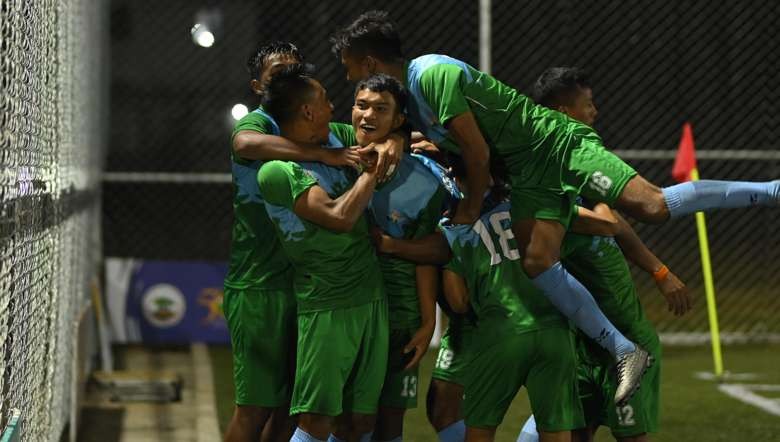 Meghalaya celebrate after Everbrightson Mylliempdah (centre) scores
