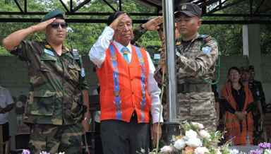 NSCN-IM general secretary Th Muivah at the 77th Naga Independence Day celebration at Camp Hebron, Nagaland on August 14, 2023 (C)