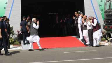 Prime Minister Narendra Modi arriving at the DefExpo22 in Gandhinagar, Gujarat