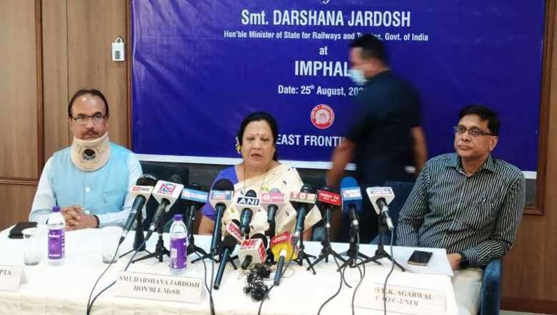 Union Minister of State for Railways and Textiles Darshana Jardosh briefing media in Imphal East on August 25, 2022 (C)