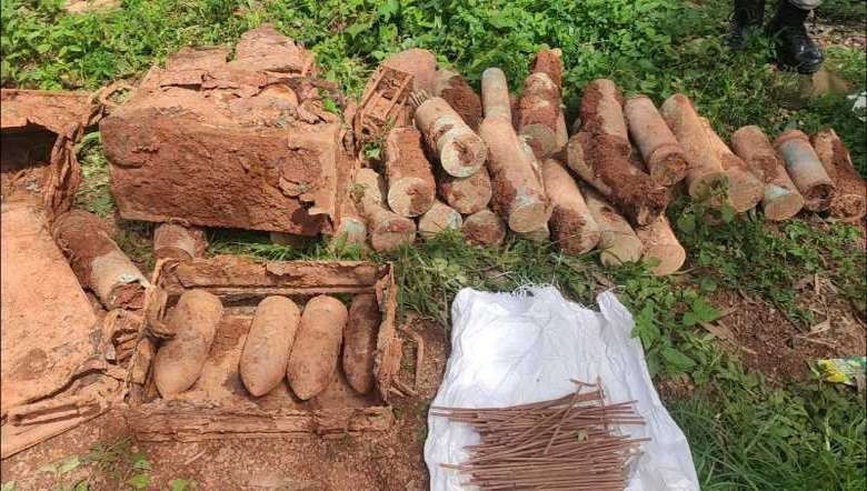 Unexploded World War II bombs, empty cases unearthed at a house construction site in Moreh on July 16, 2020.