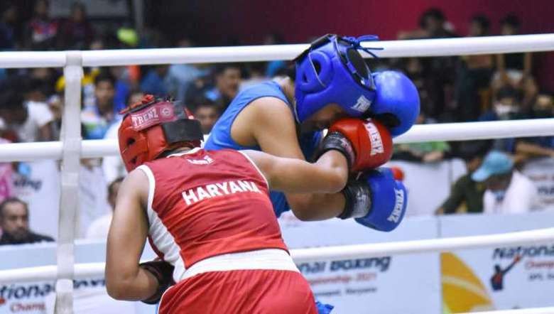 Boxers in action during final day of the 4th Junior Girls National Boxing Championships at Delhi Public School in Sonipat