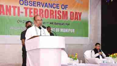 Manipur Chief Minister N Biren Singh speaking at Anti-Terrorism Day observation in Imphal, Manipur (PHOTO: IFP)