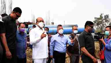 Manipur Chief Minister N Biren Singh inspecting the under-construction Sewerage Treatment Plant at Heirangoithong Maibam Leikai in Imphal West on March 21, 2021